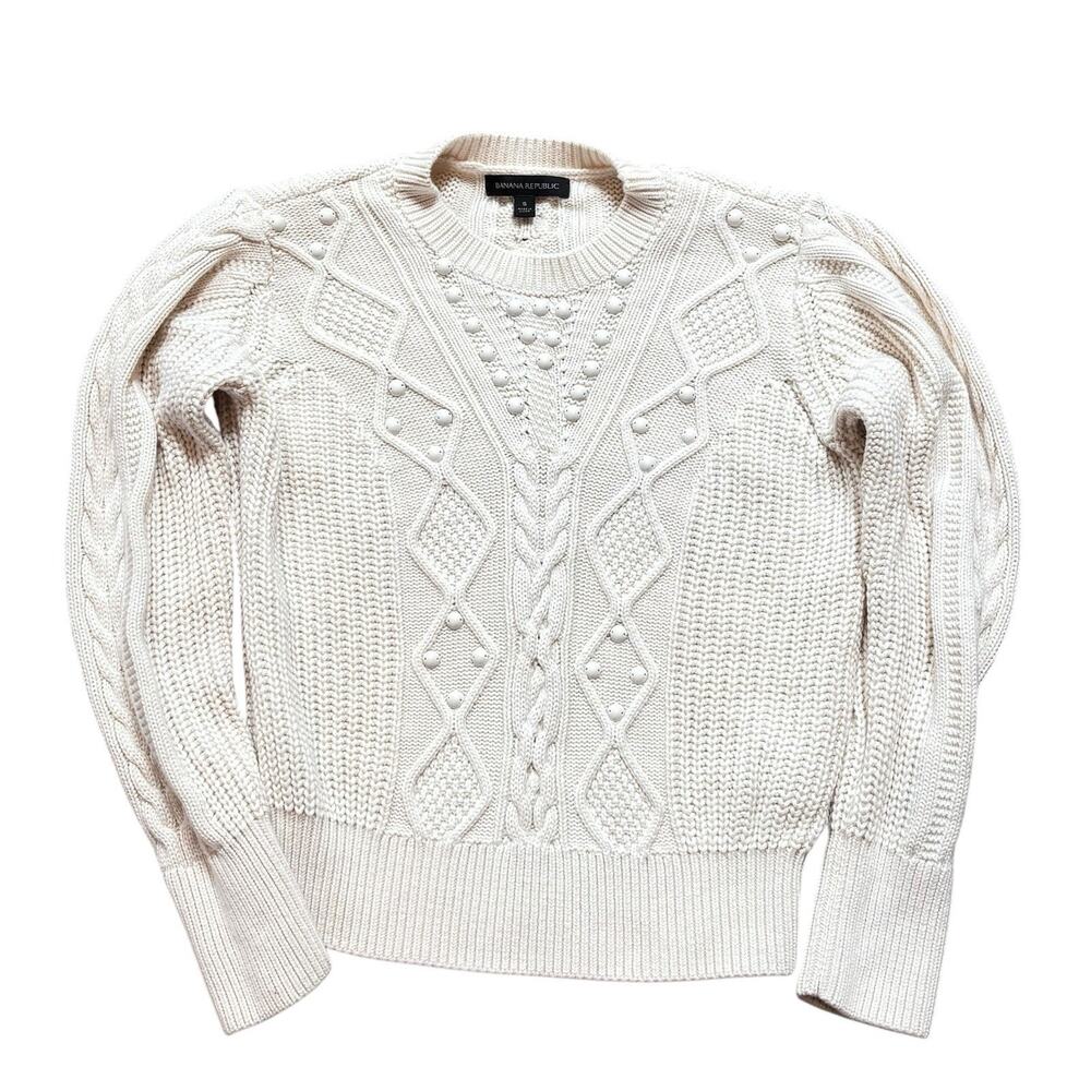 Banana Republic Ivory Cable Knit Beaded Crew Neck Wool Blend Sweater Small